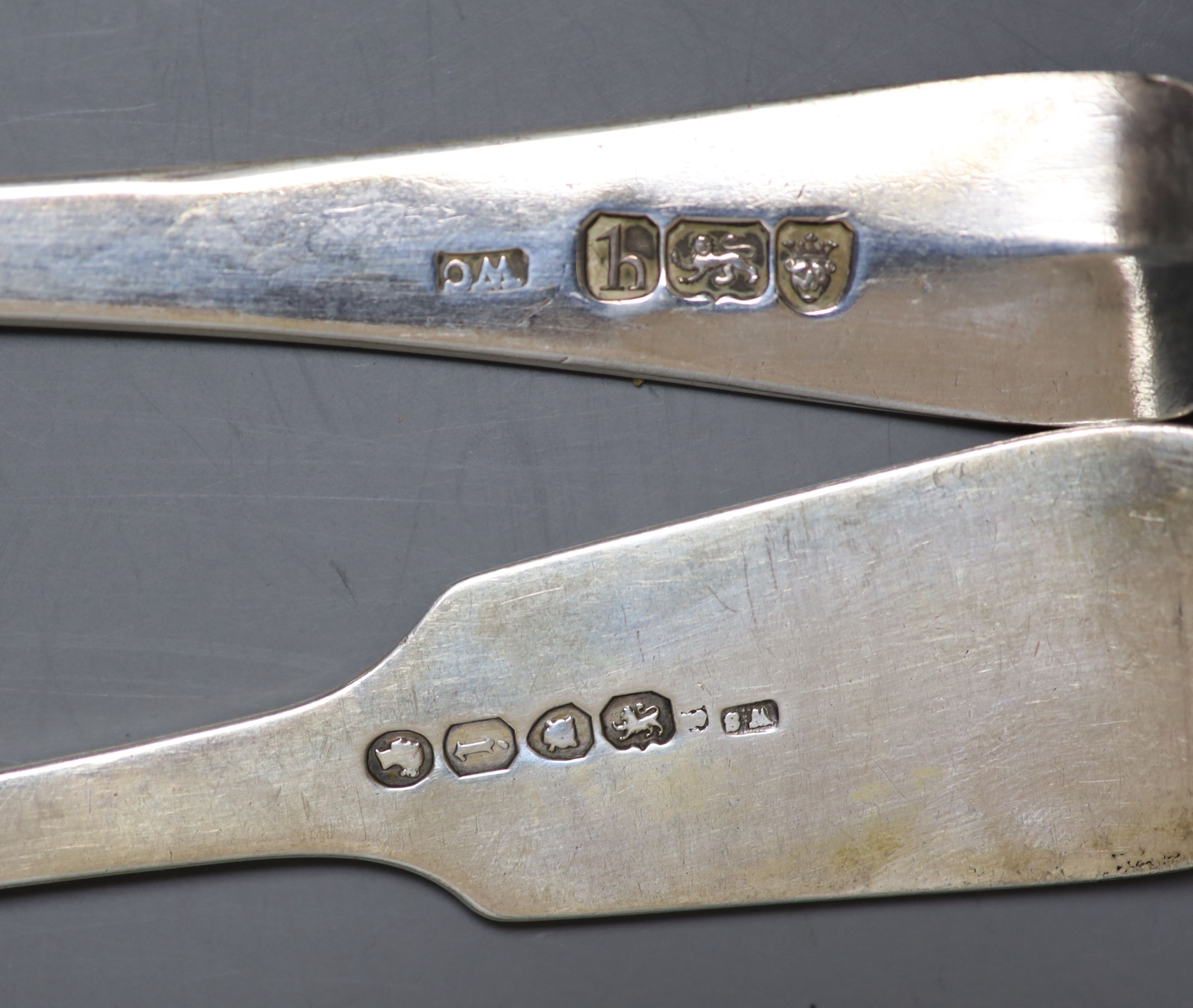 Seven assorted 18th and 19th century silver tablespoons, various patterns, dates and makers, 15oz.